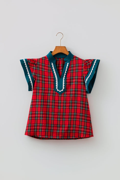 Plaid V Neck Short Sleeve Shift Silhouette Blouse