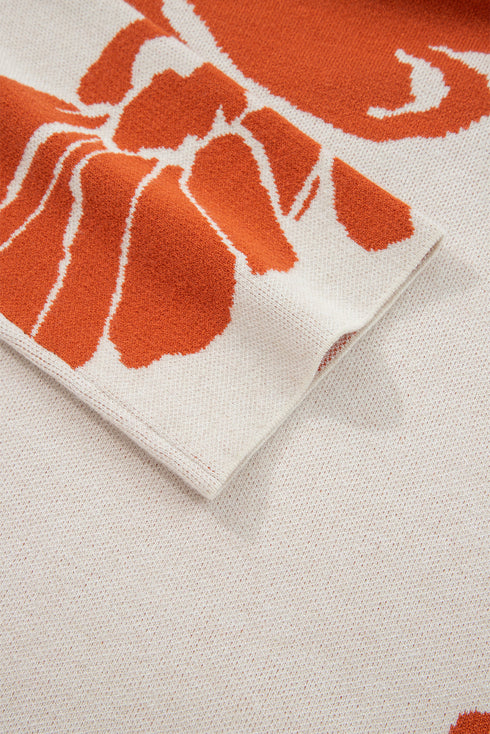 Abstract Botanical Print Boat Neck Knit Pullover Sweater