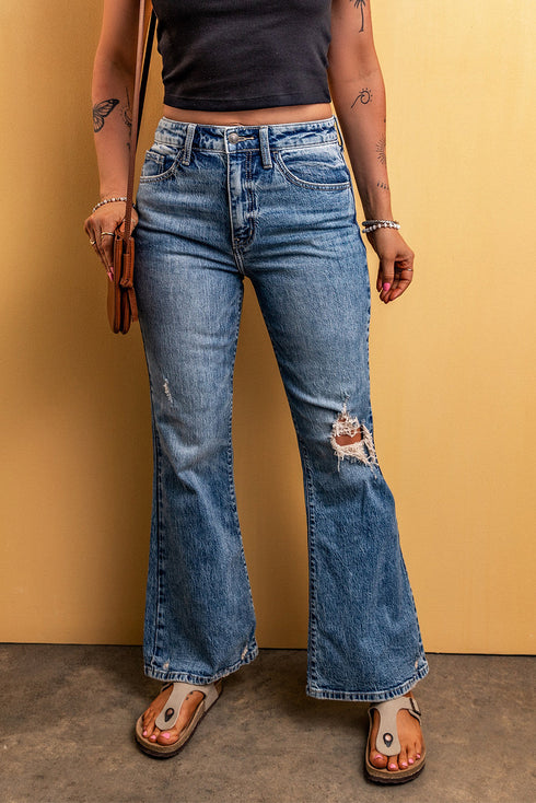 Distressed Solid Denim Flare Leg Silhouette Jeans