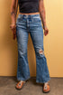 Distressed Solid Denim Flare Leg Silhouette Jeans