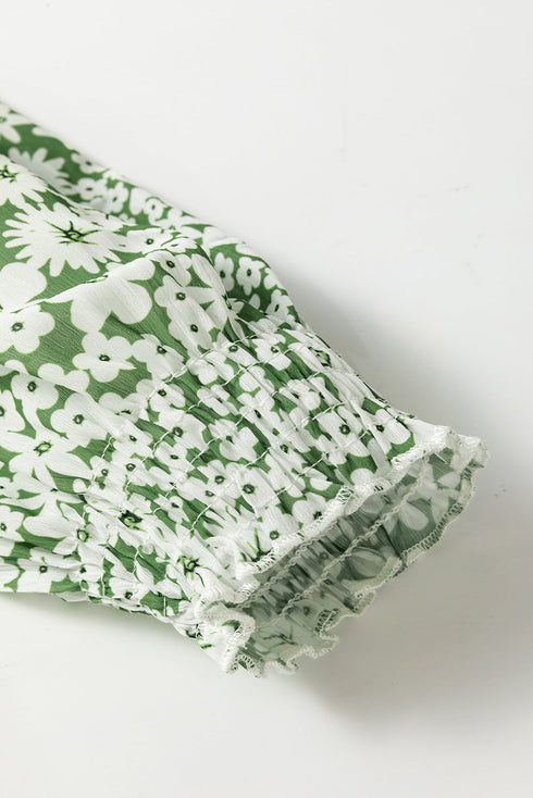 Square Neck Shirred Waist Tiered Ruffled Mini Floral Dresses