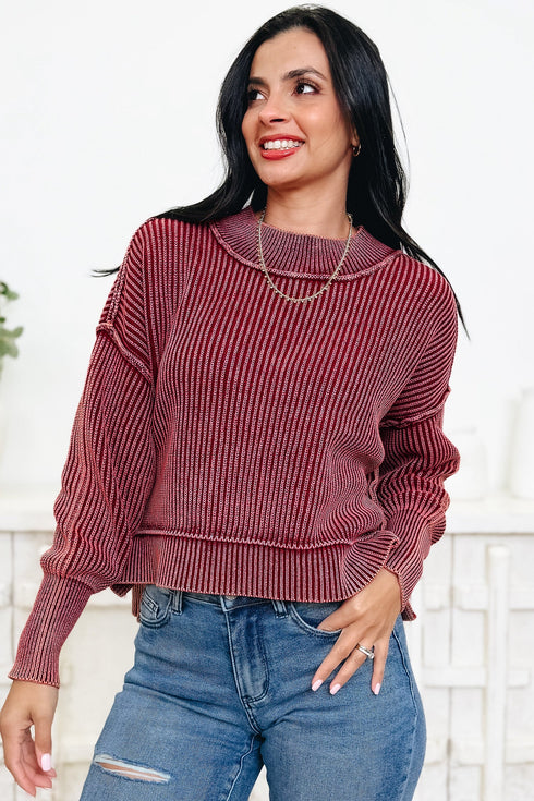 Seamed Drop Shoulder High Neck Ribbed Sweater