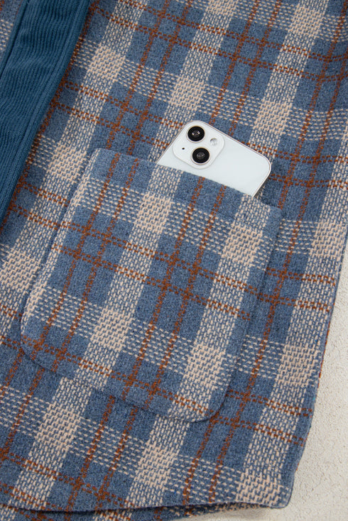 Western Patchwork Corduroy Collared Zip Up Plaid Shacket