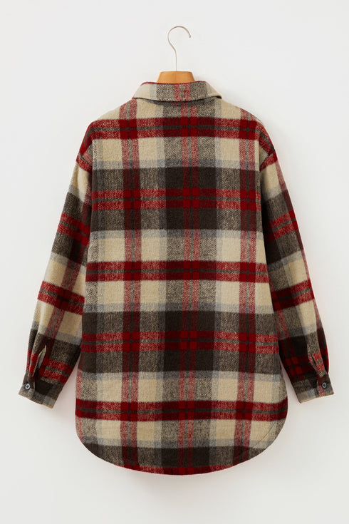 Brushed Plaid Button Front Side Slit Tunic Shacket