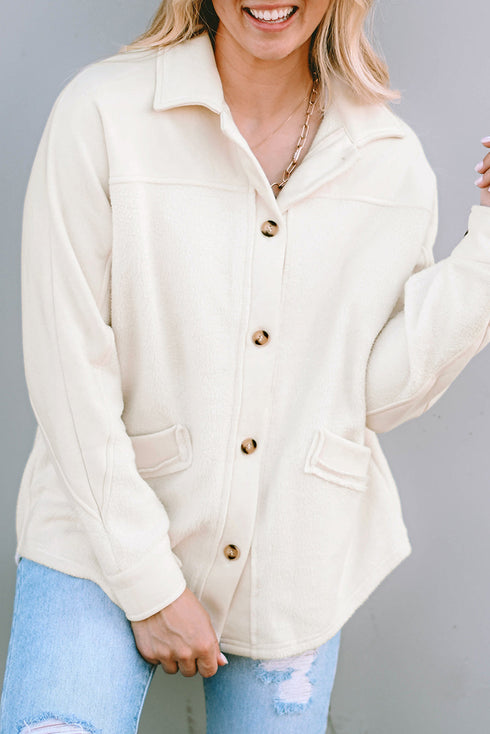 Casual Fleece Button Up Stitching Pocket Raw Hem Jacket