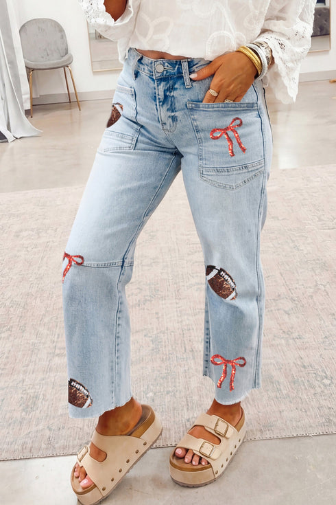 Sequin Rugby Bow Graphic Raw Hem Shift Pants