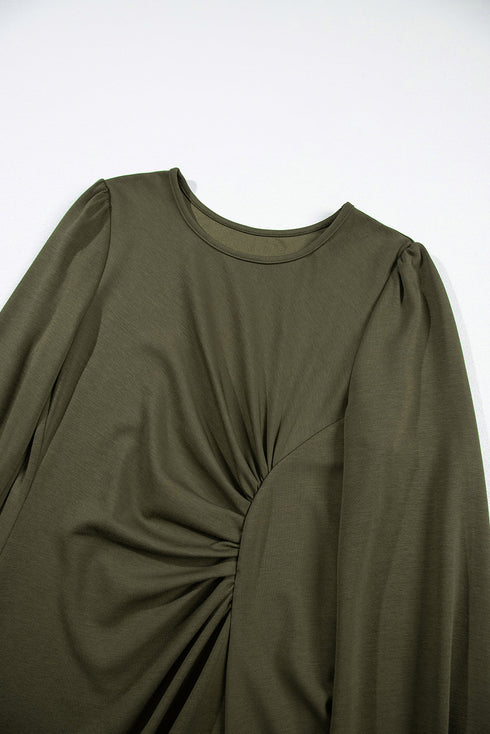 Viscose Polyester Ruched Long Sleeve Midi Dress