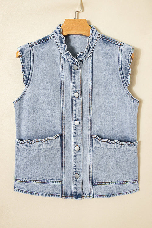 Scalloped Trim Patch Pocket Button Front Denim Vest