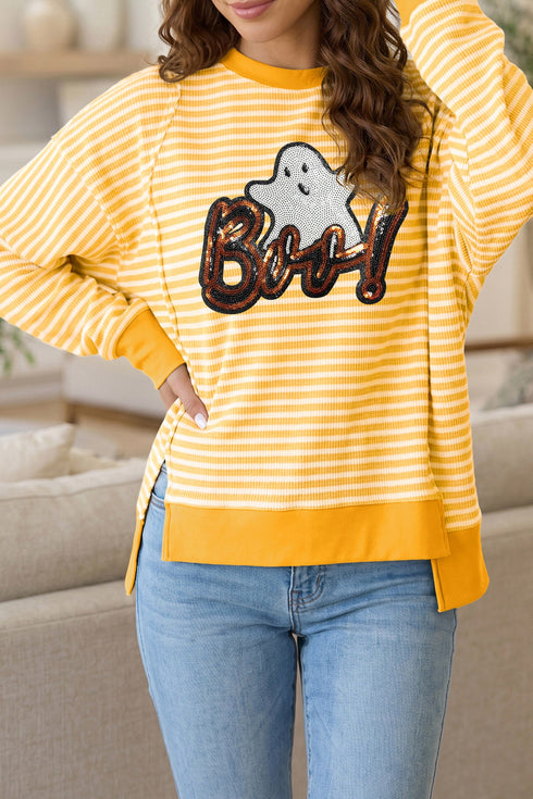 Boo Sequin Ghost Stripe Split Hem Long Sleeve Tee