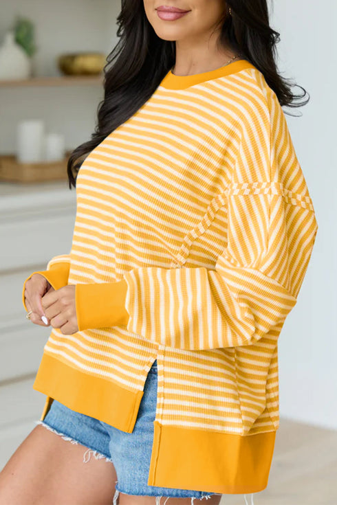 Striped Waffle Knit Split Hem Textured Long Sleeve Top