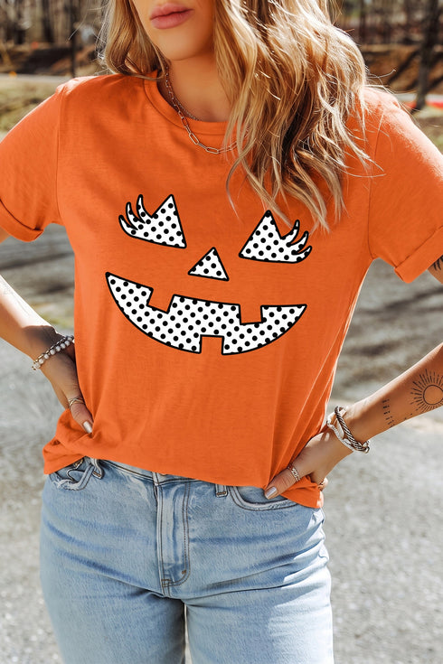 Pumpkin Face Polka Dot Round Neck Graphic Tee