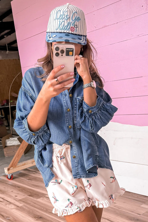Three Quarter Sleeve Button Front Loose Denim Blouse