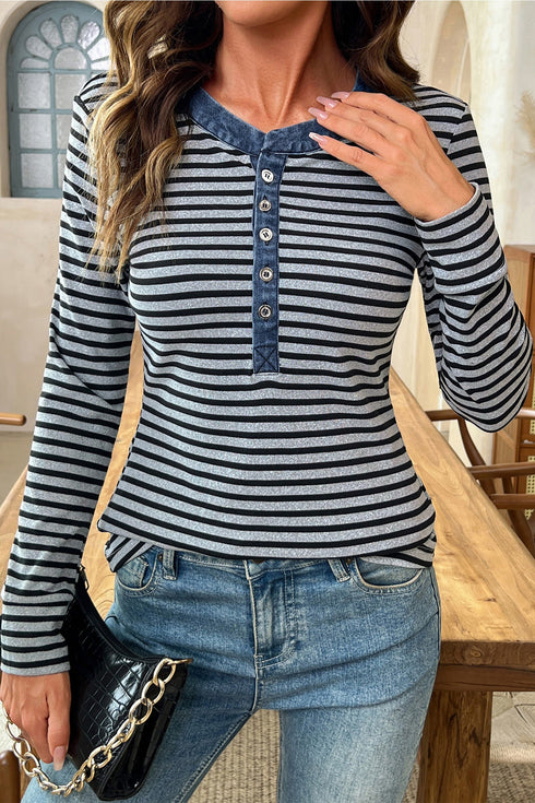Striped Ribbed Denim Collar Half Button Long Sleeve Top