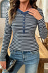 Striped Ribbed Denim Collar Half Button Long Sleeve Top