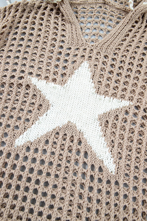 Acrylic Star Pattern Crochet Hooded Drawstring Sweater