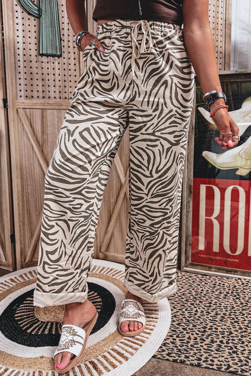 Western Print Zebra Pattern Elastic Waist Pocket Full Length Pants