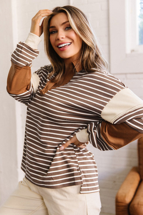 Striped Textured Collar V Neck Long Sleeve Pullover Top