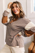 Striped Textured Collar V Neck Long Sleeve Pullover Top