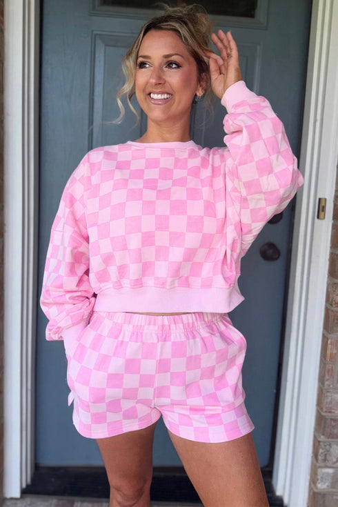 Plaid Long Sleeve Crop Top Elastic Waist Shorts Two Piece Short Set