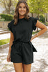 Textured Ruffle Sleeve Split Top Drawstring Short Set