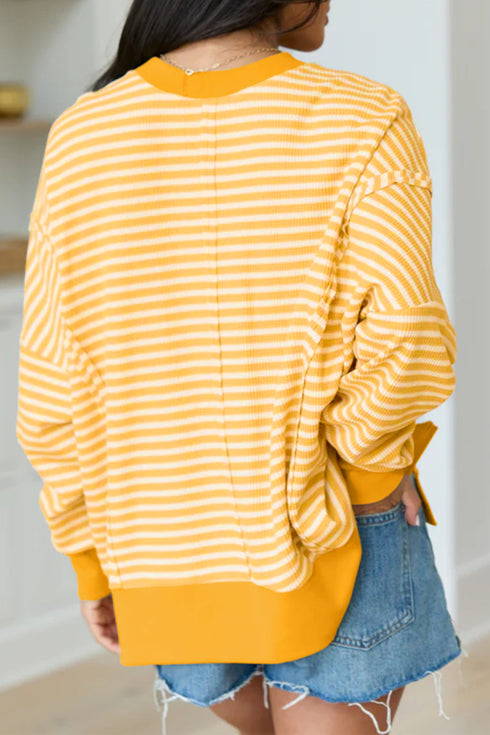 Striped Waffle Knit Split Hem Textured Long Sleeve Top