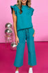 Solid Textured Ruffle Sleeve Cropped Wide Leg Pant Set