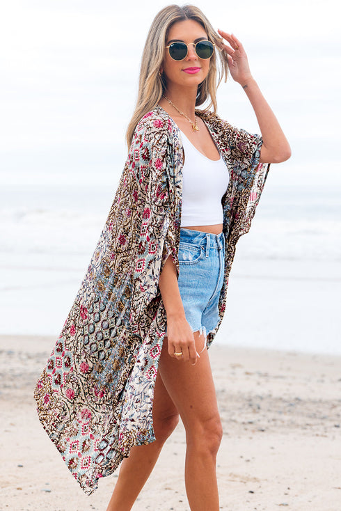 Bohemian Mixed Print Open Front Draped Kimono