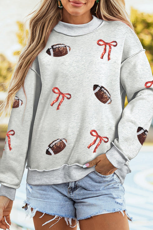 Sequin Rugby Bow Graphic Mock Neck Relaxed Sweatshirt
