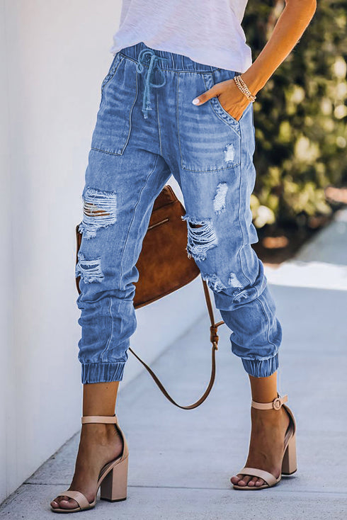 Distressed Pocketed Stretch Denim Jogger Jeans