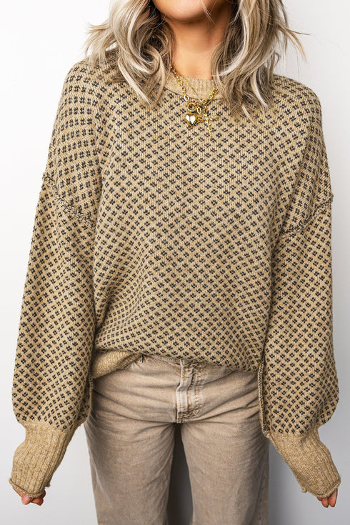 Geometric Print Drop Shoulder Round Neck Long Sleeve Sweater