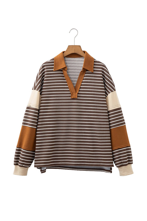 Striped Textured Collar V Neck Long Sleeve Pullover Top