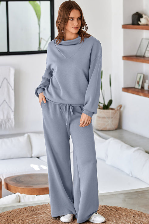 Cowl Neck Drawstring Pullover Wide Leg Pant Set