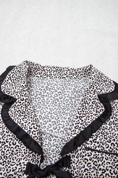 Leopard Print Bow Knot Patchwork Long Sleeve Lounge Set