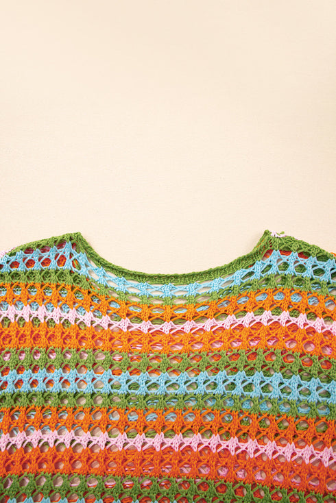 Long Sleeve Striped Open Knit Boho Crochet Top