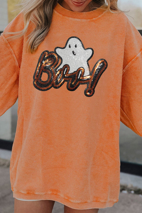 Sequin Ghost Letter Graphic Corded Texture Sweatshirt