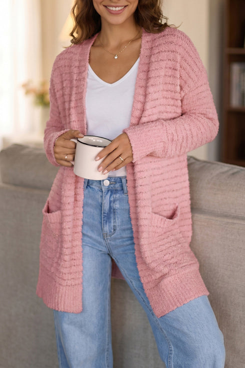 Open Front Soft Fuzzy Ribbed Sweater Cardigan