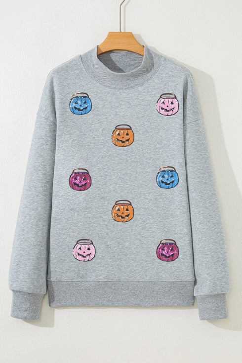 Sequin Pumpkin Face Graphic Mock Neck Sweatshirt