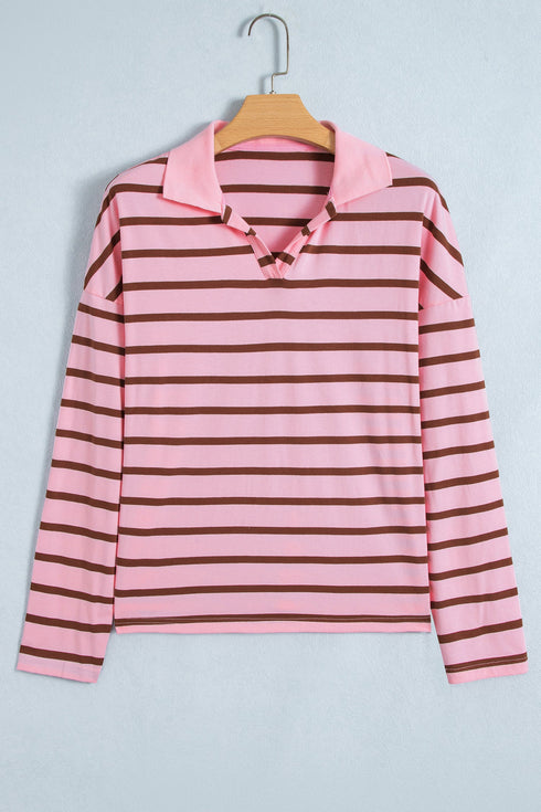 Striped Collared Long Sleeve Straight Cut Top