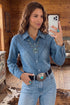 Denim Embroidered Western Long Sleeve Collar Blouse