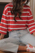 Striped Bow Tie Cutout Back Seven Eighth Sleeve Casual Top