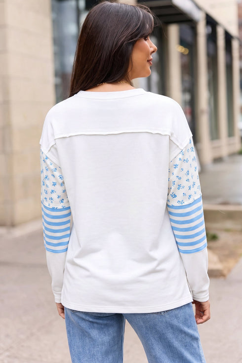 Floral Striped Long Sleeve Seam Detail Pullover Top