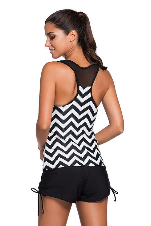 Zigzag Print Mesh Yoke Sleeveless Tankini Top