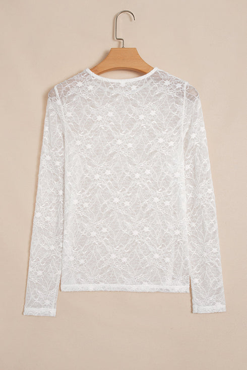 Sheer Mesh Lace Feminine Detail Long Sleeve Top