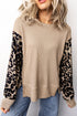 Leopard Sleeve Waffle Knit Split Hem Long Sleeve Top