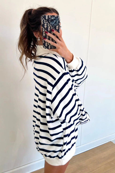Striped Mock Neck Long Sleeve Ribbed Cuff Hem Sweatshirt