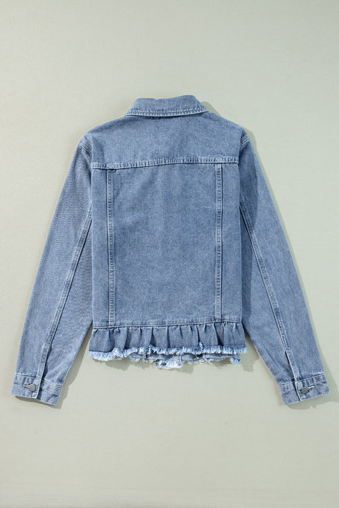 Casual Ruffle Raw Hem Flap Pocket Denim Jacket