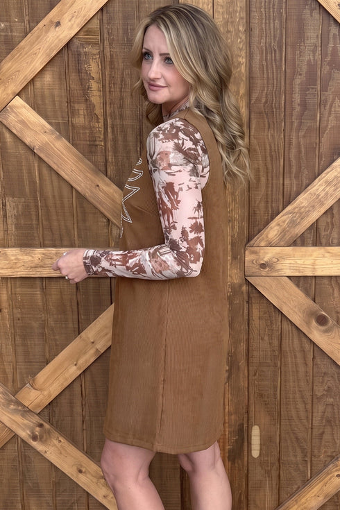 Geometric Embroidery Sleeveless Corduroy Shift Mini Dress