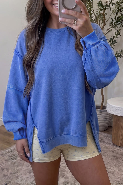 Split Hem Loose Silhouette Washed Tunic Sweatshirt