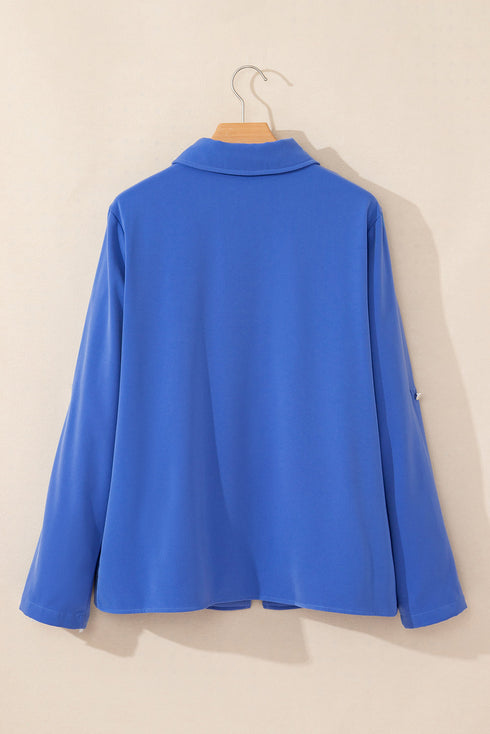 Collared Tab Sleeve Zip Up Flap Detail Casual Jacket