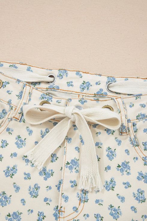 Grommet Knot Waist Floral Barrel Jeans